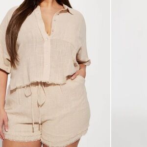 Women’s 3X Plus Size Fashion Nova Taupe Linen Button-Up Short Set